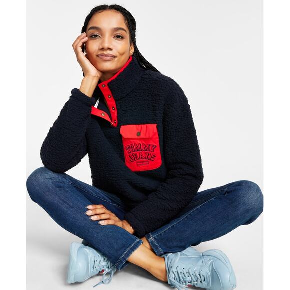 Tommy Hilfiger Womens Sherpa Jacket Large Navy Blue Pullover 1/4 Snap NWT - Picture 1 of 10